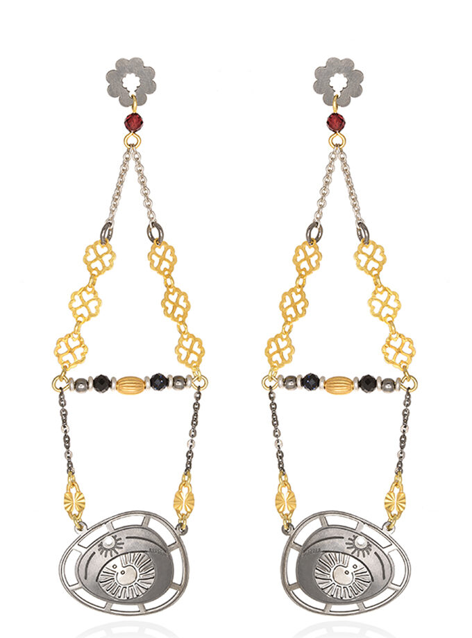 STUD EARRINGS  BIG BYZANTINE HORIZONTAL PEBBLE WITH STONES