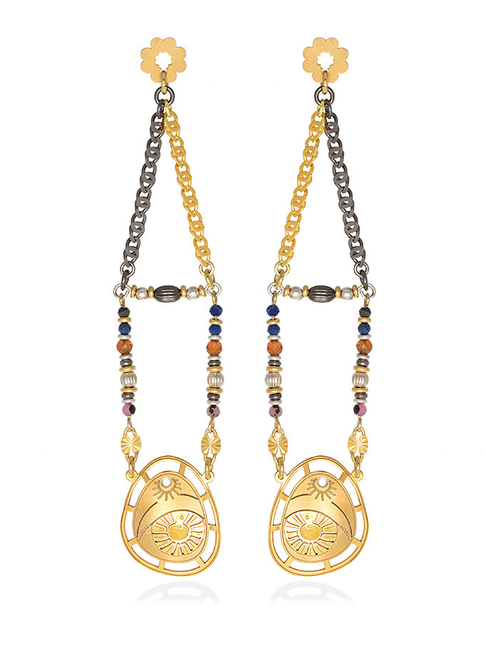 STUD EARRINGS  BIG BYZANTINE VERTICAL PEBBLE WITH STONES