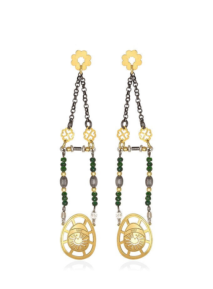 STUD EARRINGS  BIG BYZANTINE HORIZONTAL PEBBLE WITH STONES