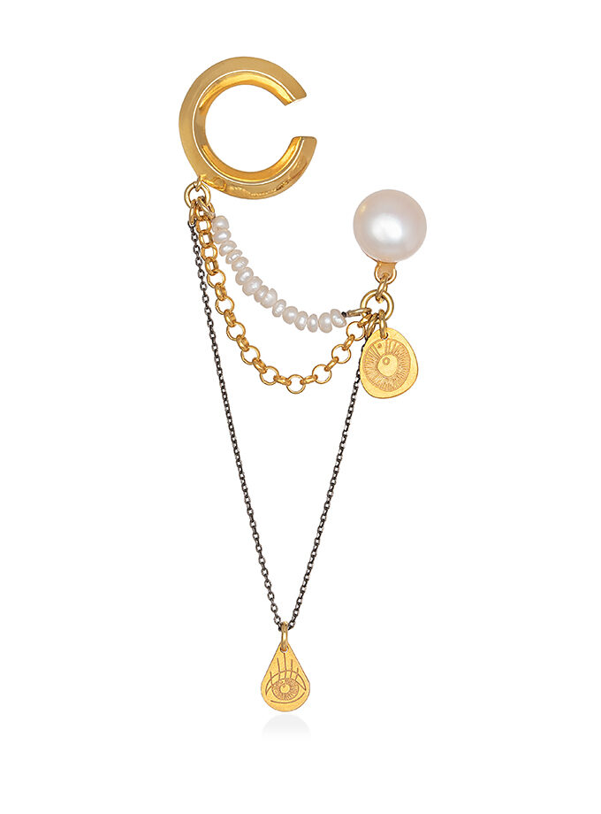 EARCUFF WHITE PEARL EYE DROP WITH CHAINS